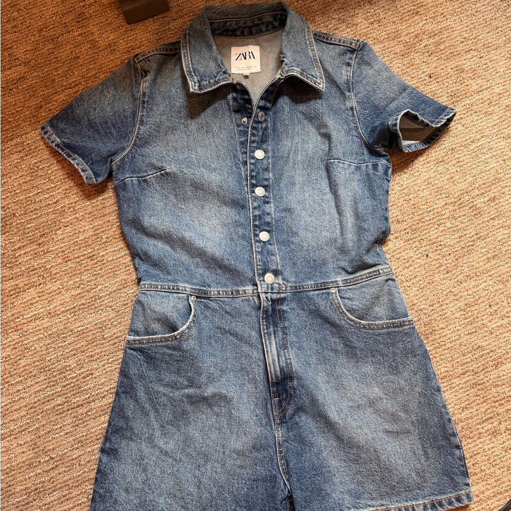 ZARA Light Blue Denim Romper with Collar